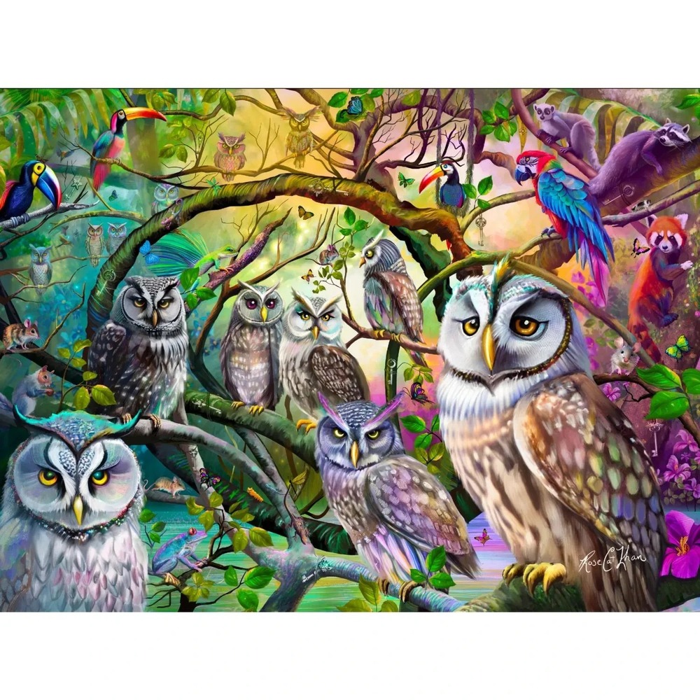 1000 Piece Puzzle Tropical Owls Hidden keys toucans macaw raccoon panda